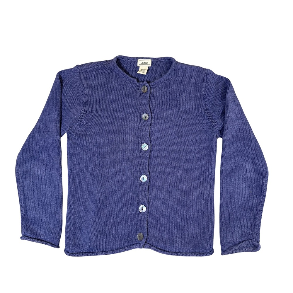 LL Bean Womens Silk Cotton Cardigan Sweater XS Blue Crew Neck Button Front
